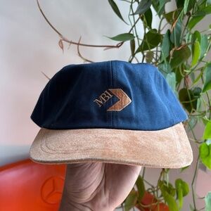 Vintage MBI 2 tone hat blue beige embroided strapback leather dad hat